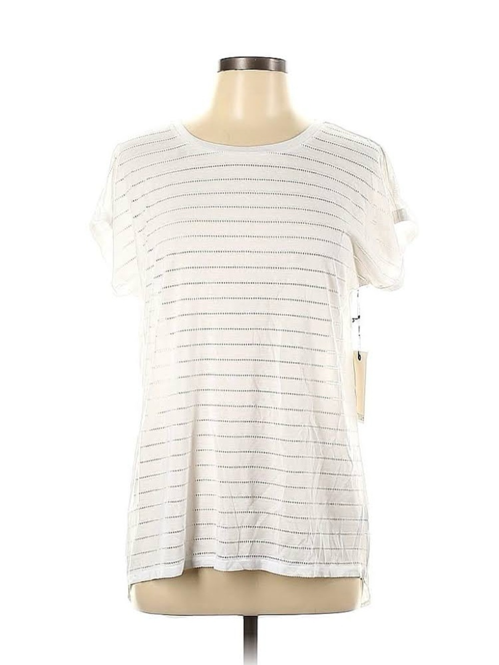 STYLUS White Mixed Media Pointelle Stripe High Low Top L